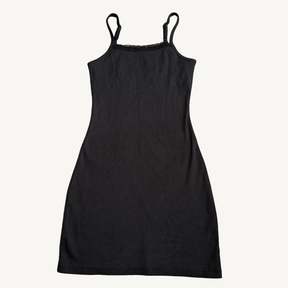NWT Aerie Black Ribbed Mini Dress With Lace Trim Size Extra Small